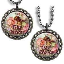 Big Sister Bottle Cap Necklace Handcrafted Flower Fairy Girls Gift Clear Glitter