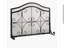 Plow & Hearth Small Crest Flat Guard Fireplace Screen, Solid Wrought Iron Frame