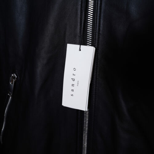 SANDRO Leather Jacket Mens Black Biker Bomber Celebrity Paris Rock Moto XXL 2XL - Picture 2 of 23
