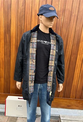 SALE BARBOUR BORDER WACHSJACKE Marineblau Wasserdicht Mantel Herren UK Größe 38'' Brustumfang