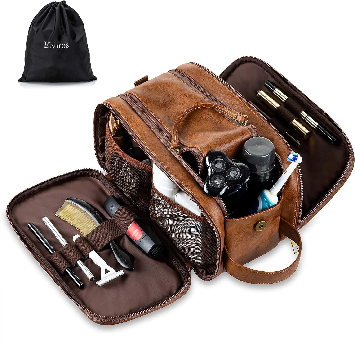 Water Resistant Leather Toiletry Bag Men Large Travel Wash Bag Shaving FAST P&P