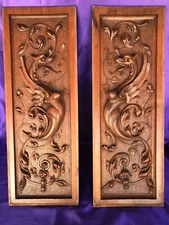 Antique American Walnut 19thC Victorian Hand Carved Dragon Architectural Panels