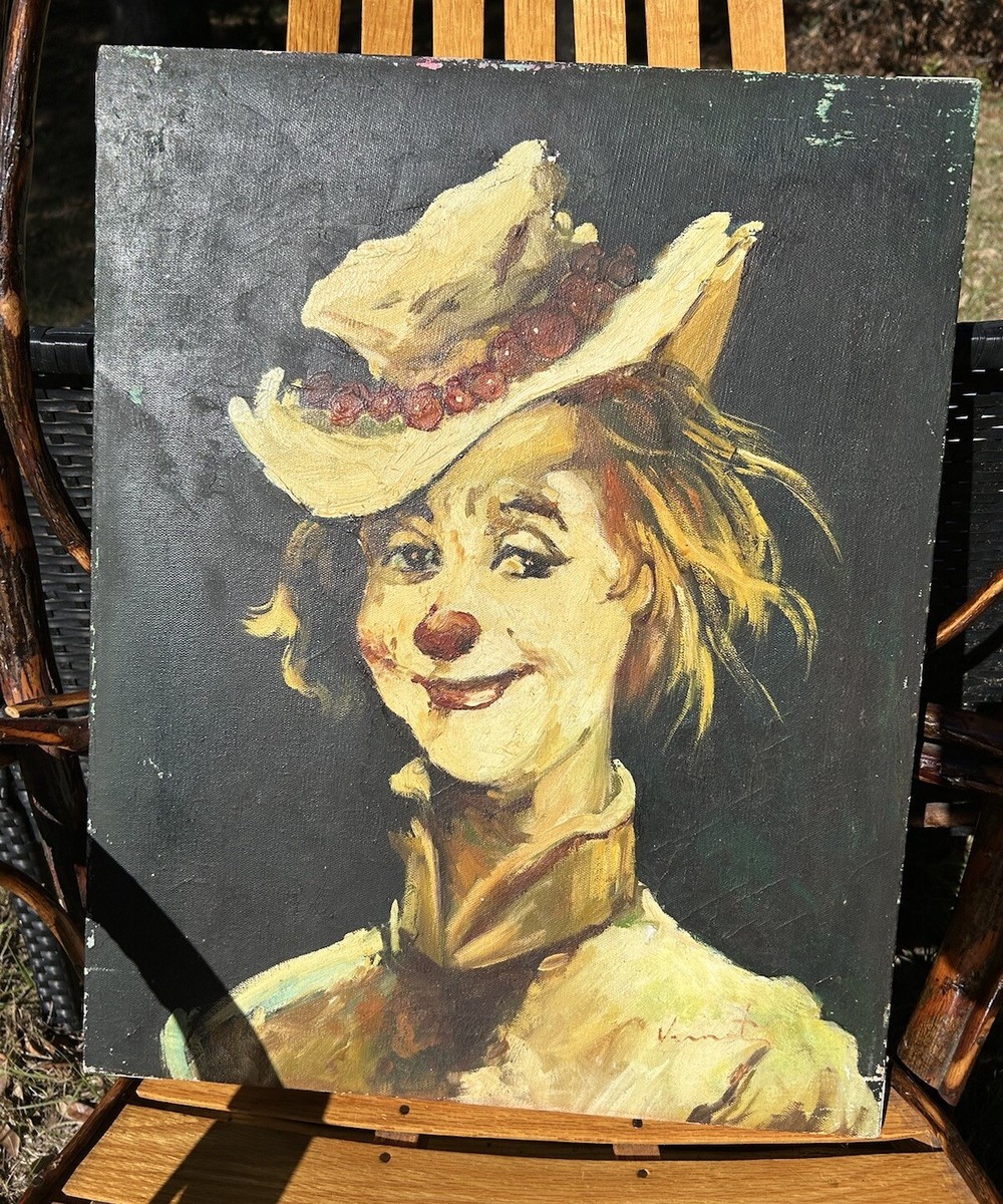 Vernet Painting Vintage Original Clown Canvas Signed Stamped