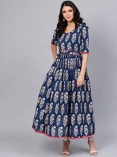 Navy Blue  Off-White Printed Anarkali Kurta For Women, Fit and Flare Dress