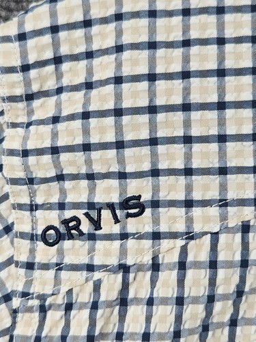 Orvis Seersucker Fishing Shirt Double Pockets Blue Check Polyester Nylon Soft XL - Picture 21 of 22