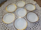 Vintage Fire King Ware Cup Saucers White Gold Rim Trim Swirl Milk Glass  7 pc 6"