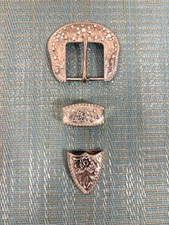 Silvertone Rhinestone Western Belt Buckle,Strap  End Point Set-for 1 1/2" Belt 