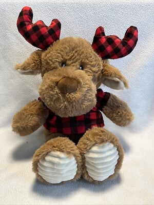 Spark Create Imagine Brown Moose Plush Crinkle Antlers Red/Black Plaid Shirt 14 