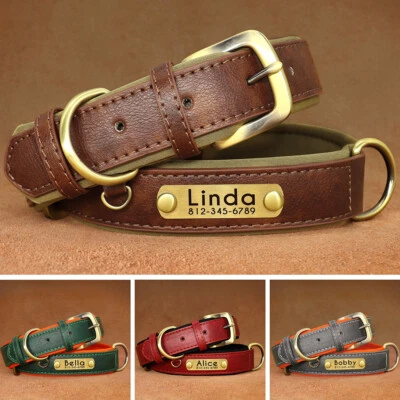 Soft Leather Padded Dog Collar Personalised Adjustable Pet Name Number Engraved