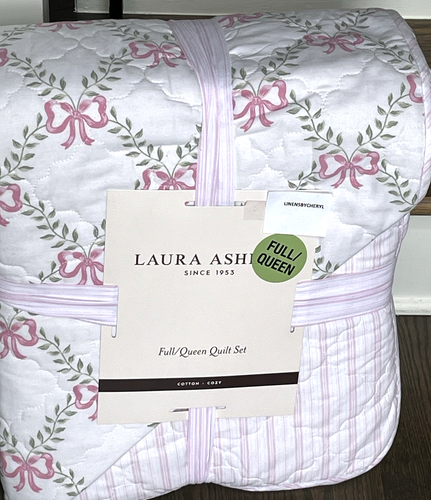 Laura Ashley Katie Pink Trellis Bows Full/Queen Cotton Quilt SET 3pc