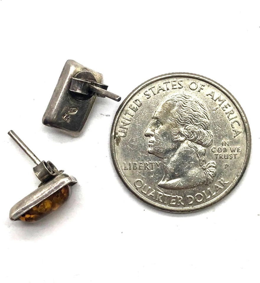 Sterling Silver Vintage Oxidized Rectangle Cabochon Baltic Amber Stud Earrings - Image 2 of 3