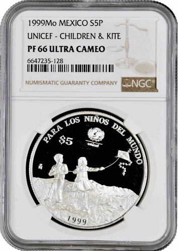 Mexico 5 pesos 1999, NGC PF66 UC, "UNICEF - Children & Kite" silver coin