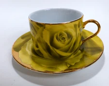 CC&T YELLOW Classic Coffee Cup Saucer Set Hot Roses Gold Handle Tea Espresso Fun