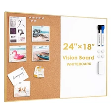 Cork Board White Board Combo, 24 x 18 Inch Bulletin Board-Gold Frame, Magneti 