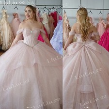 Pink Quinceanera Dresses With Bow Ruffly Off Shoulder Sweet 15 16 XV Ball Gowns