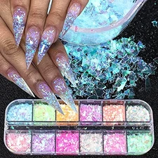 Mermaid Flake Nail Glitter Sequins, CHANGAR Iridescent Ice Slag Colorful Fluo...