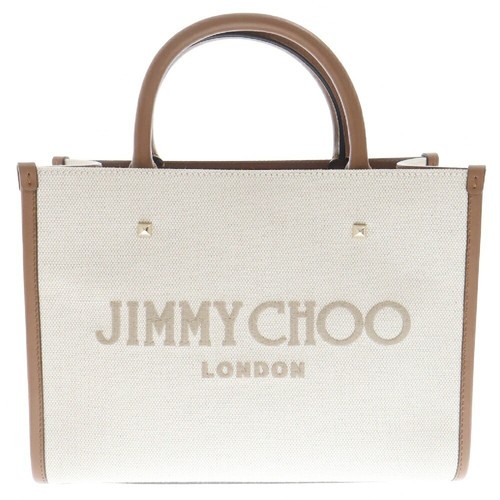 Jimmy Choo Varenne Tote S Avenue Handbag 2Way Beige Brown Leather Canvas