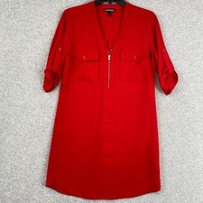 Express Dress Size XS Red 1/4 Zip Pockets Roll Tab Short Sleeve Career Office