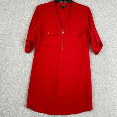 Express Dress Size XS Red 1/4 Zip Pockets Roll Tab Short Sleeve Career Office
