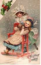ANTIQUE CHRISTMAS Postcard LADY PUSHING HER FRIEND ON SLED ACROSS ICE