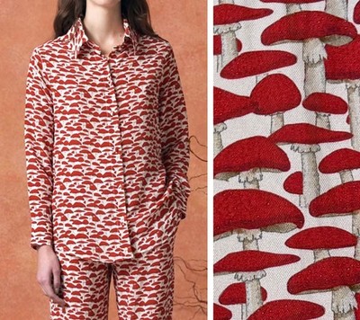 Muzungu Sisters Fern Mushroom Vegetable Print Silk Top Blouse Red Veggie S