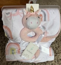 Lullaby Lane Baby Blanket Rattle Set Unicorn Pink 30x40 Soft Plush New