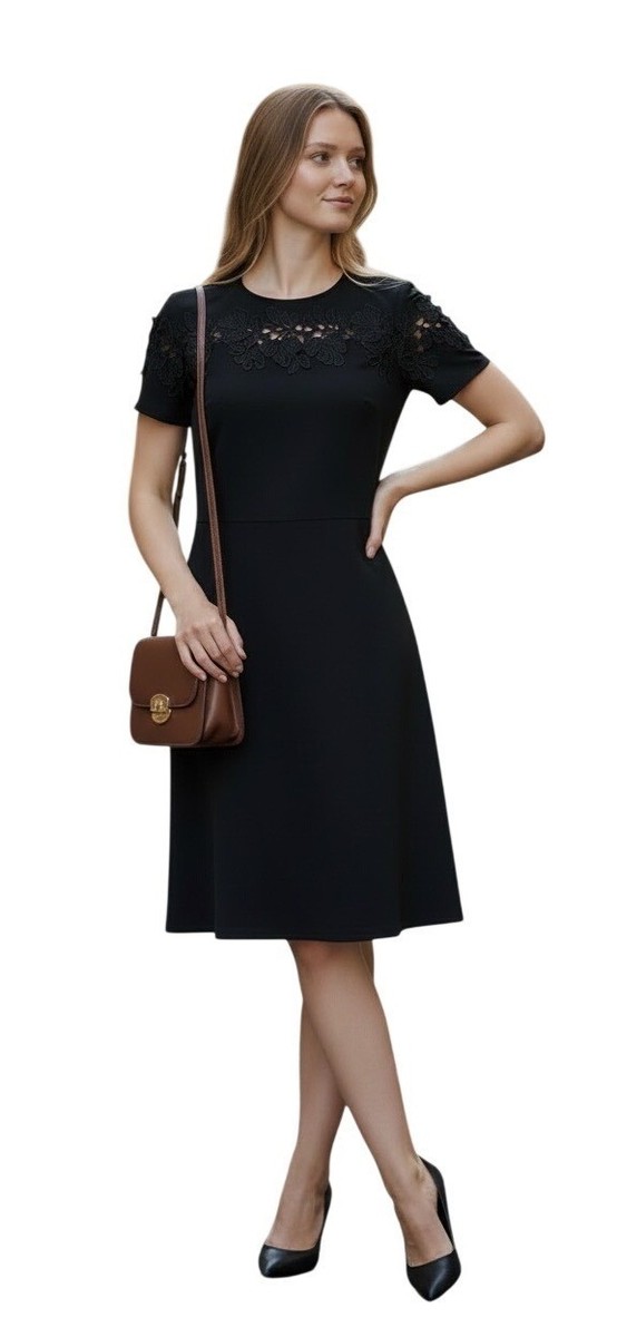 Elie Tahari Floral Lace Aplique Short sleeve Crepe Fit and Flare Dress, Black, S Elie Tahari Floral Lace Aplique Short sleeve Crepe Fit and Flare Dress, Black, S
