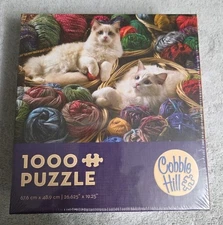 NEW/SEALED Cobble Hill RAGDOLLS 1000pc Puzzle 2 White Cats w/Rainbow Colors Yarn