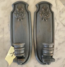 Vintage Burwood Wall Sconces Candle Holder Faux Wood Roses Cottagecore French