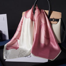 100 Mulberry Silk Scarf Pink plate Print Shawl 70X70cm Square Bandann wrap