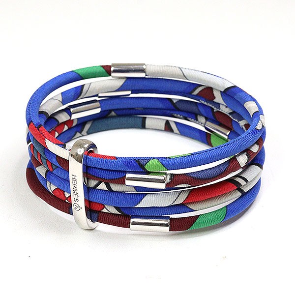 HERMES Petit H 6-Layer Blue Multi-Color Silk Bracelet Adjustable Wrist Size