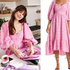 Farm Rio Barbie Pink Embroidered Pineapple midi Puff Sleeve dress Glinda Sz M