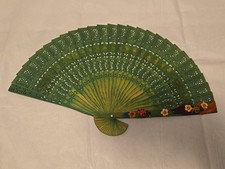 Vintage Green Wooden Spanish Folding Fan W/ Clay Lady Bug Decoration Nicaragua