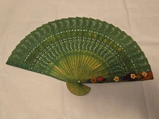Vintage Green Wooden Spanish Folding Fan W/ Clay Lady Bug Decoration Nicaragua 