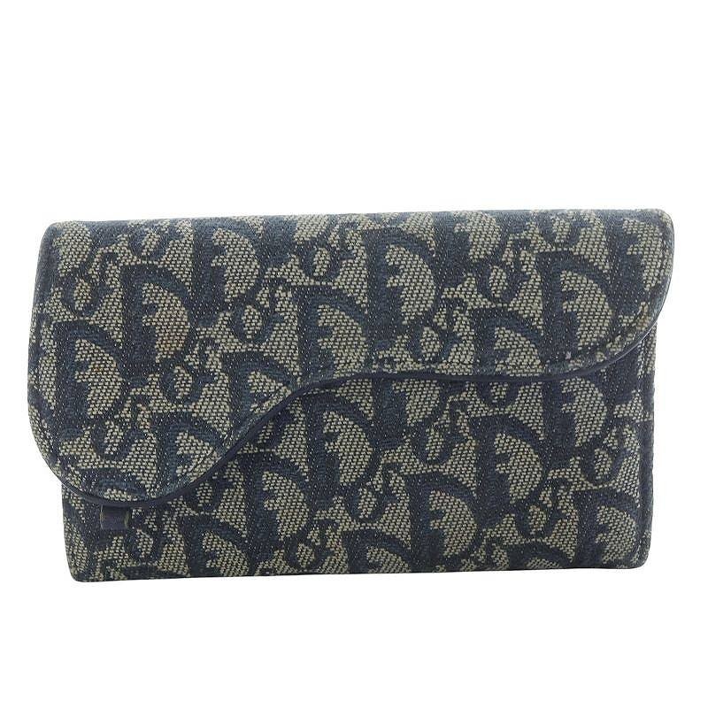 Christian Dior Saddle Trotter Navy Tri-Fold Canvas Long Wallet Pre-Owned