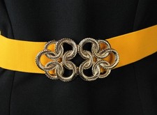 80s Stretch Belt Sz M L Vintage Yellow Elastic Celtic Knot Gold Metal Buckle