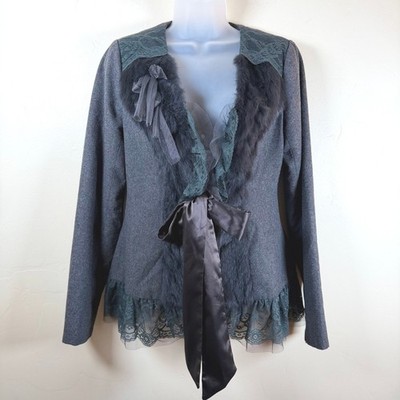 Anthropologie Ryu Wool Lace Rabbit Fur Jacket Size Small Gray Satin Tie Romantic