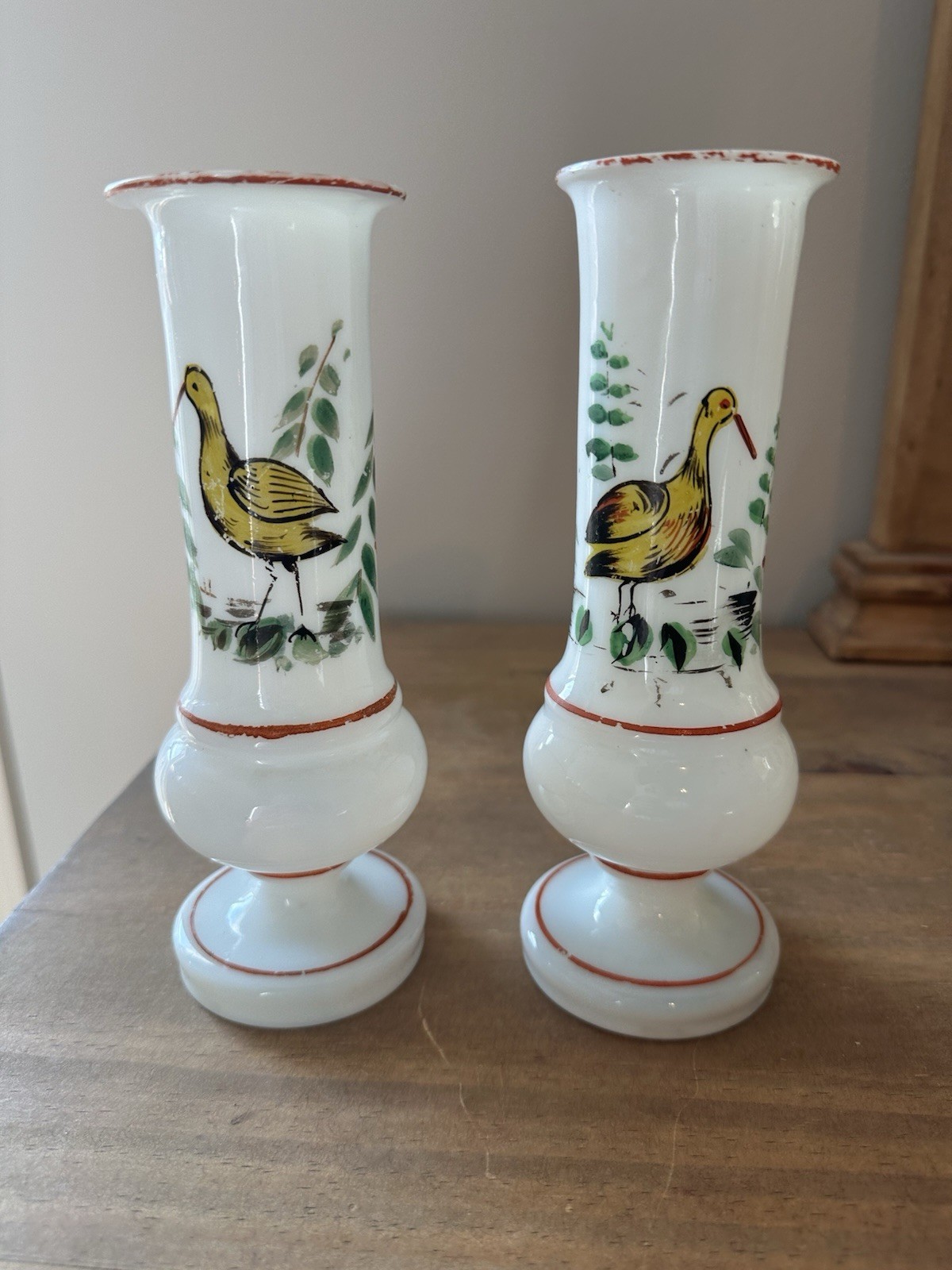 Pair Of Antique Hand Painted Bristol Glass Vase With Birds 8”T
