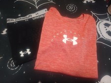 Girls Under Armour 2-Piece Set: Pink Coral Tech Shirt Black Pants Size YXL