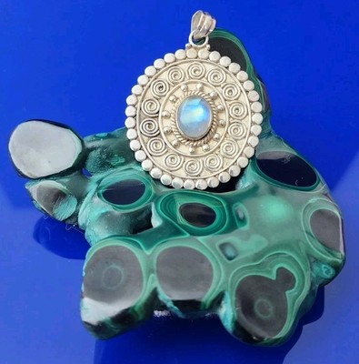 Vintage Sterlingsilber Mondstein Anhänger 14g 2'' verziert Boho Statement Schmuck