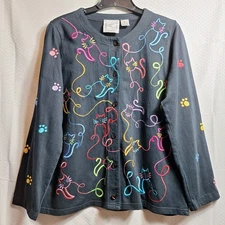 MICHAEL SIMON Lite All-Over Cat Print Cotton Cardigan Sz L Black Vibrant Fun