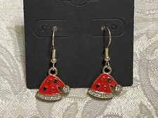 Christmas Santa Hat Gem Holiday Gold Loop Enamel Drop Dangle Adorable Earrings
