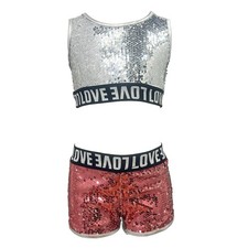 Little Big Girls 2-Piece Gymnastics Dance Outfit Racer Crop Top with Shorts S...