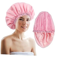 Adjustable Shower Caps for Women Reusable Waterproof Satin Large Pink/Pink