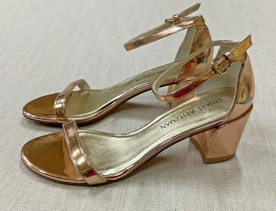 STUART WEITZMAN Womens Sandals Rose Gold Mirror Leather Adj Block Heel 7.5M