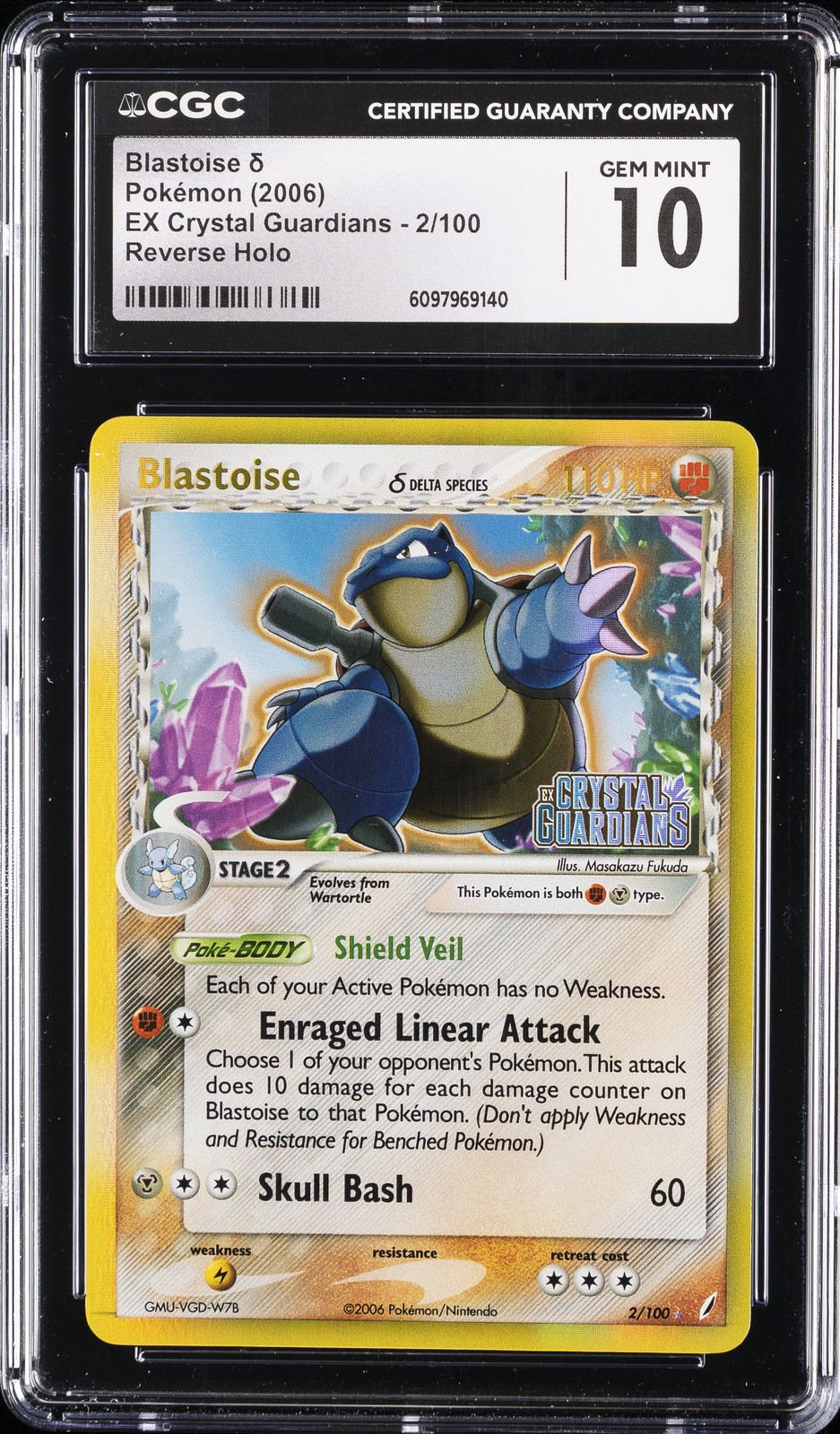 2006 EX CRYSTAL GUARDIANS REVERSE HOLO #2/100 BLASTOISE CGC 10