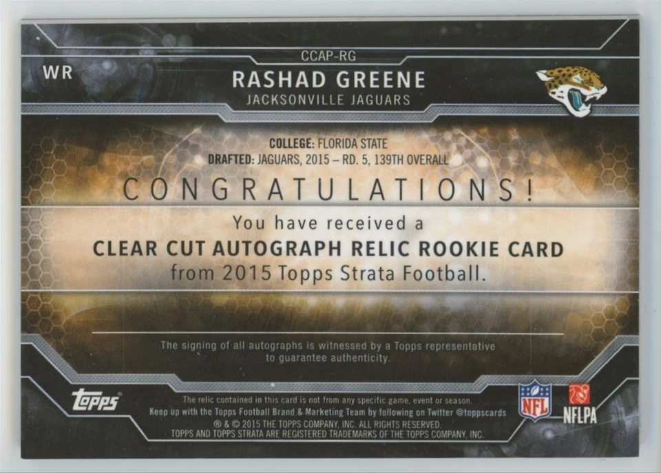 2015 Topps Strata Clear Autographed Relic Rookies Rashad Greene Rookie Auto - Image 2 of 2