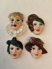 4 VTG Hand Painted Porcelain Flapper Girl Face Wall Decor 4-5" each
