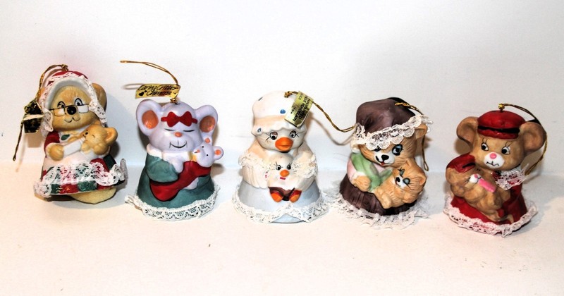 CARING CRITTER CHIMERS Bisque PORCELAIN Bell ORNAMENTS Lot of 5 Vintage JASCO