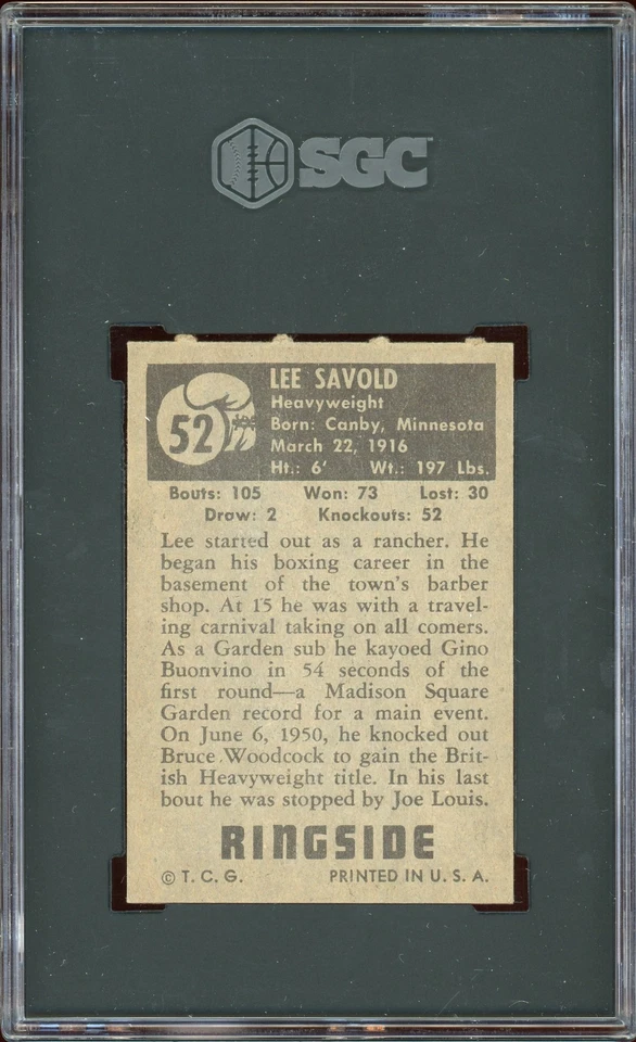 1951 TOPPS RINGSIDE #52 LEE SAVOLD BOXING CARD SGC 4 - Image 2 of 2